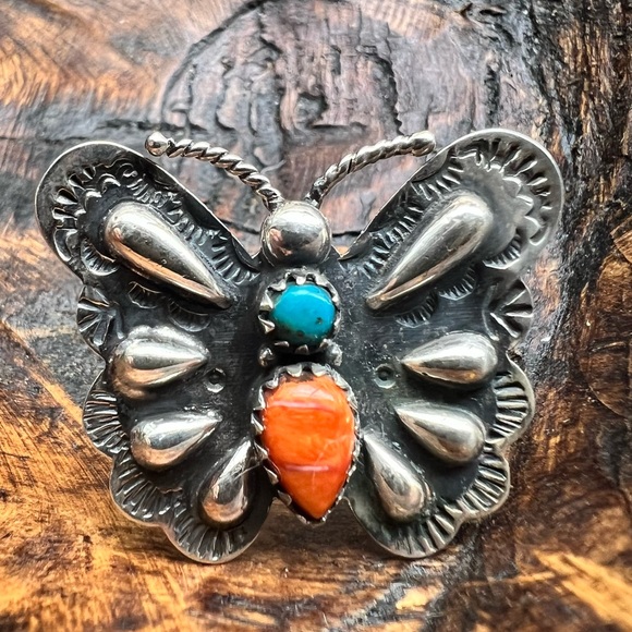 Hand Crafted Jewelry - Spiny Oyster & Turquoise Butterfly Statement Ring | 925 Sterling | Size 8